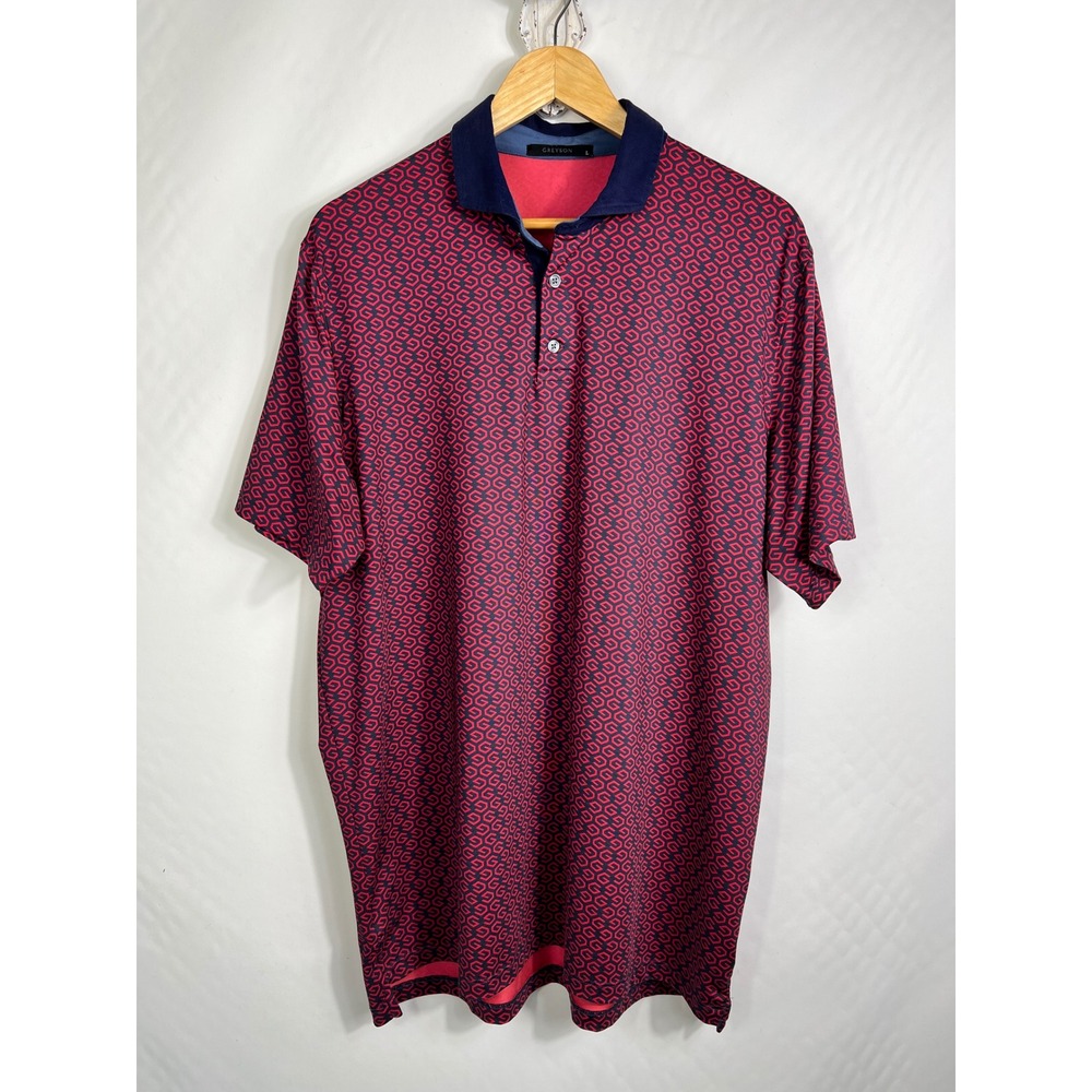 Greyson Marbella Golf Polo Mens Large Red‎ Navy Geometric Monogram Performance L